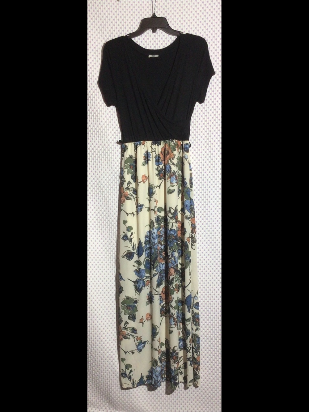 Floral Cream and Black Dress with Blue Accents